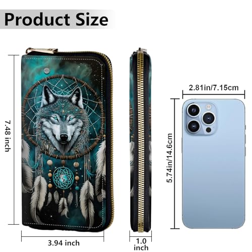 Image of Women's Wallets,Credit Card Holder Money Leather Long Wallet with Wristlet,Large Capacity with Zip-Around Phone Purse for Women Ladies Girls,Dream Catcher Wolf