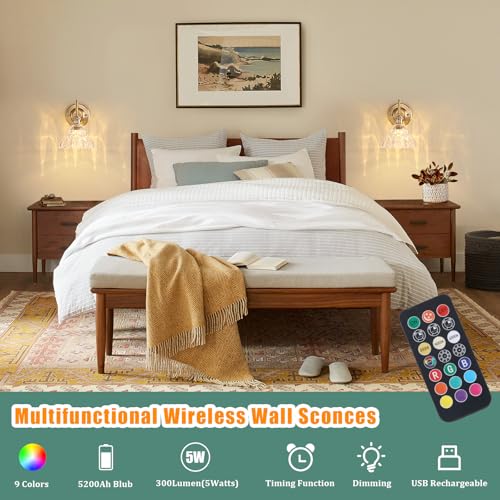 Image of Shenmoyl Battery Operated Wall Sconce, Vintage Rechargeable Wall Lights with Clear Lily Glass Shade, Wireless Indoor Wall Lamp with Remote for Bedroom Living Room Bathroom Hallway