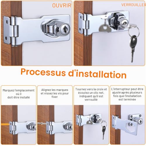 Gueenky 4 Pièces Moraillon de Verrouillage en Acier Inoxydable, 3 Pouces Loquets et Verrous de Portes de Sécurité Cadenas avec Clés et Vis, Moraillon de Loquet for Portes Door Cabinet Cupboard – vue 4