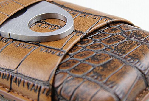 Brown Crocodile Embossed Leather 3 Ct Cigar Case w/Stainless Steel Cutter for Large Cigar