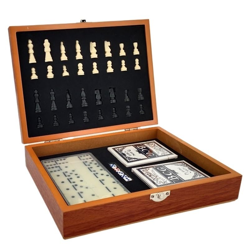 echiquier Jeu d'échecs Pliable en Bois 3 en 1 for Les Voyages, Comprenant Un Jeu de société for Enfants et Adultes, des Dominos et Un Jeu de Cartes. echecs Jeu(Color2)