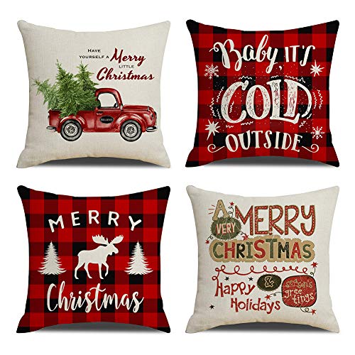 Christmas Pillow Covers Red Black Buffalo Check Plaids Farmhouse Decorative Throw Pillow Case Cushion Cover for Sofa 18" x 18" Christmas Decorations （Christmas Buffalo Plaid）