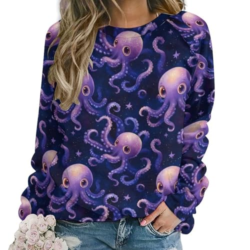 Sweat graphique femme contre les hauts inconfortables avec style imprimé pieuvre violette