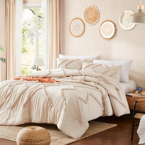 Image of Cupocupa 3-Piece King Size Comforter Set - Beige Bohemian Tufted Lightweight Jacquard Bedding with 2 Pillow Shams for All Seasons