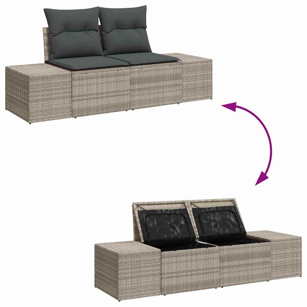 Juego de muebles de jardín en forma de L con espacio de almacenamiento, juego de sofá de jardín con mesa de café de cristal y cojines desmontables de polirratán gris claro (4 unidades)