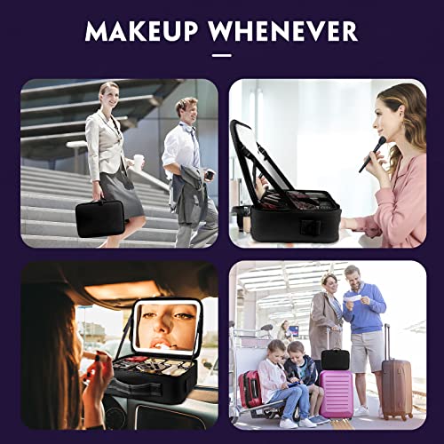 Smacen Large Capacity Cosmetics Train Case With Led Lighted Mirror Rechargeable 3 Color Lights Adjustable Brightness Portable Makeup Bag With Adjustable Dividers And Shoulder Straps (Black) #TOP5