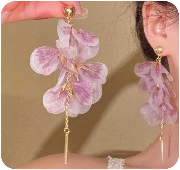 Boho Long Fabric Flower Tassel Earrings for Women Exaggerated Aesthetic Large Floral Dangle Earring Chiffon Petal Dangling Earrings Y2k Charm Jewelry