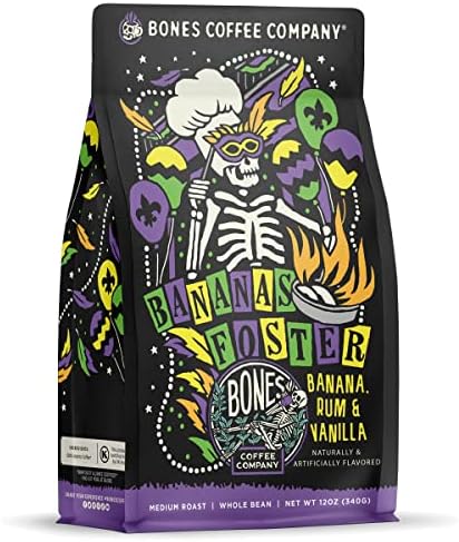 Bones Coffee Company Bananas Foster Flavored Ground Coffee Beans Banana, Rum & Vanilla Flavor | 12 oz Flavored Coffee Gifts Low Acid Medium Roast Flavored Coffee Beverages (Ground)