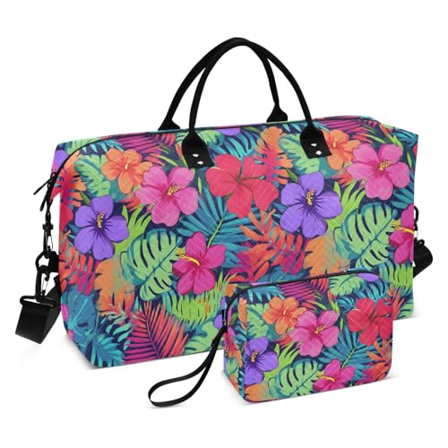 Green Palm Leaves Hibiscus Flower Blossom Large Travel Duffle Bag Weekender Overnight Bags Gym Yoga Bag for Women Men with Toiletry Bag