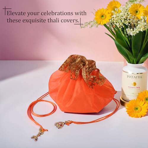 Image of Kuber Industries Organza Double Layer 2 in 1 Shagun Pooja Thalposh Cover Cloth Potli | Wedding Gift Packaging Sagun Potli | Traditional Potli Bag & Thali Cover with Drawstring | Orange