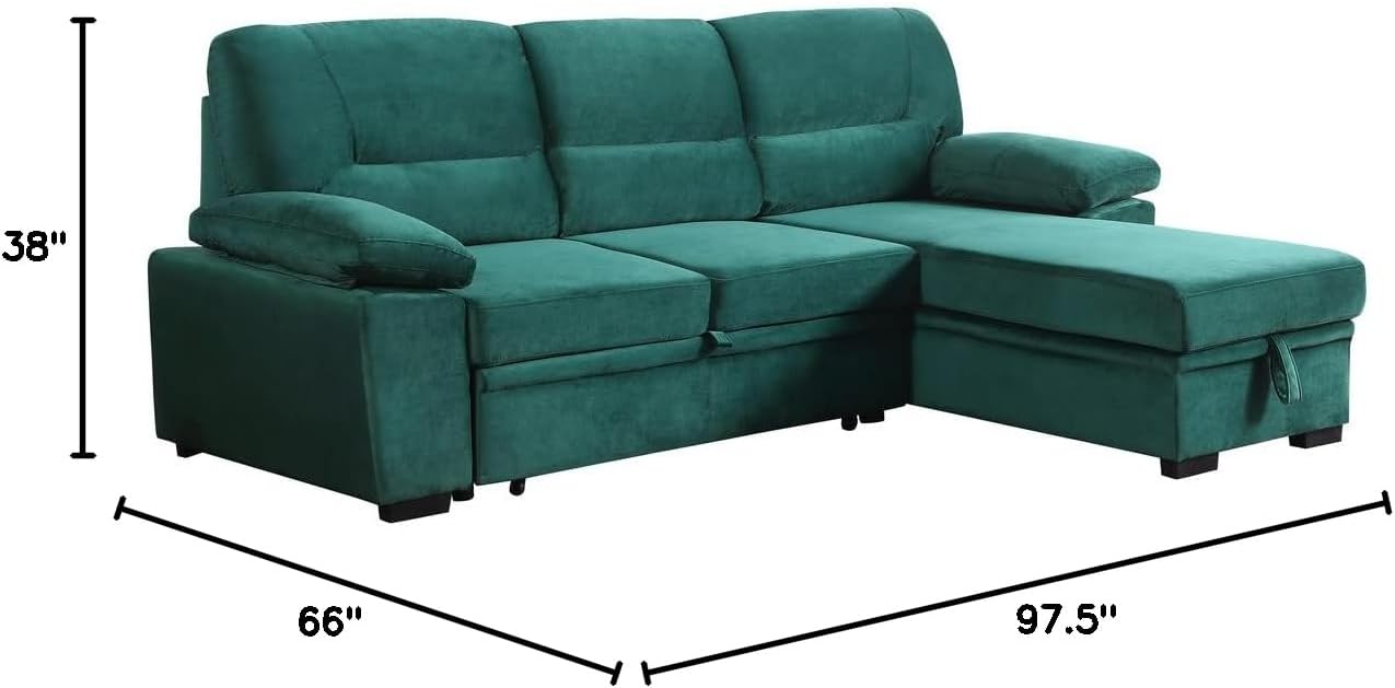 Lilola Home Kipling Green Velvet Fabric Reversible Sleeper Sectional Sofa Chaise