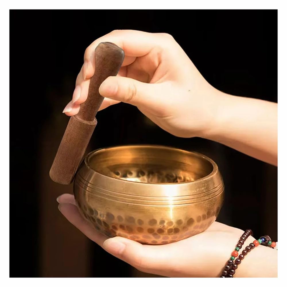 Bol chantant tibétain en laiton fait main, bol de méditation for le yoga et la guérison sonore, soulagement du stress, 1 pièce (9,5 cm)(12cm)