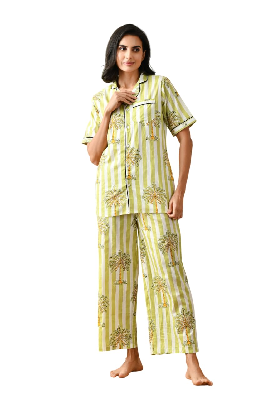 Women's Cotton Floral Printed Lapel Collar Night Suit Soft & Breathable Top & Pyjama for Daily Comfort (Green-White)-picture-42