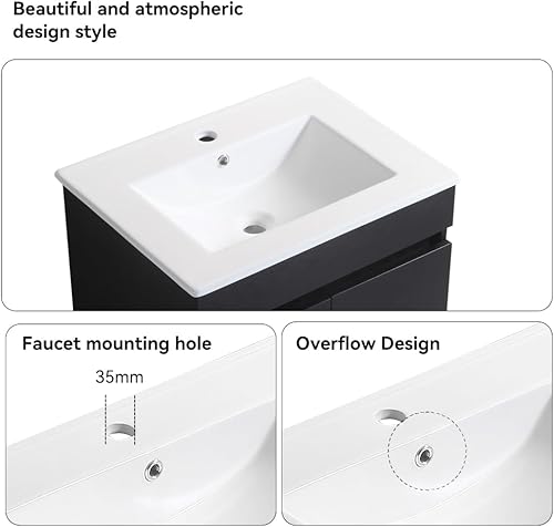 Miniatura 6 de Vanidad de baño de 24 pulgadas, tocador de baño montado en la pared con lavabo de cerámica blanca, dos puertas de gabinete de cierre suave, madera