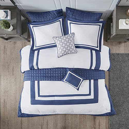 Image of Madison Park Heritage Comforter Quilt Combo Set - Modern Luxury Design, All Season Down Alternative Bedding, Matching Shams, Decorative Pillows, Full /Queen(90 inchx90 inch), Color Block Navy 8 Piece
