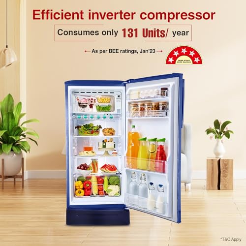 Image of Godrej 180 L 5 Star Turbo Cooling Technology, 24 Days Farm Freshness Inverter Direct Cool Single Door Refrigerator With Base Drawer(2023 Model, RD EDGENEO 207E TDI BH BL, Blush Blue)