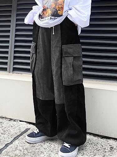 OYOANGLE Men's Streetwear Colorblock Drawstring Waist Wide Leg Baggy Corduroy Cargo Pants3