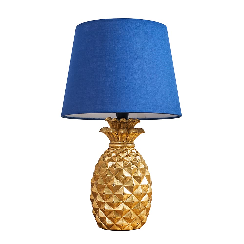 MiniSun | Contemporary Pineapple Design Table Lamp in a Gold Effect Finish with a Navy Blue Tapered Shade - Complete with a 4w LED Golfball Bulb | Table Lamps & Home Improvements Essential — image 1