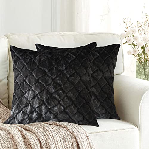 Image of Luxe Home Cushion Cover 16 inch x 16 inch Duble Side Rabbit Fur Diamond Design Covers Pack of 2 for Sofa, Bedroom, livingroom (Anthra)
