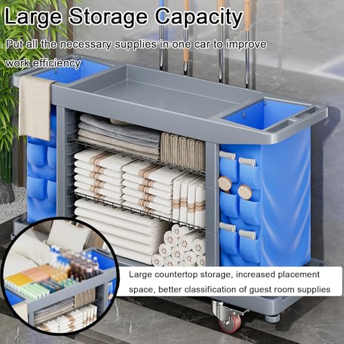 Carrito de limpieza con gran capacidad de almacenamiento, material plástico resistente y ruedas para una fácil movilidad, ideal para el saneamiento de habitaciones de huéspedes de hotel
