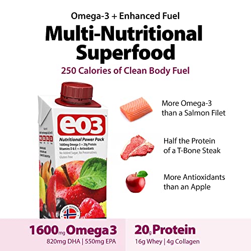 Eo3 Omega-3 Multi-Nutritional Fruit Smoothie | 100% Cod Liver Oil | Whey Protein, Vitamins, Antioxidants, Collagen | Gluten Free, No Added Sugar, No Preservatives | Ready-To-Drink | 6 Pack, 8.4 Fl Oz #TOP1