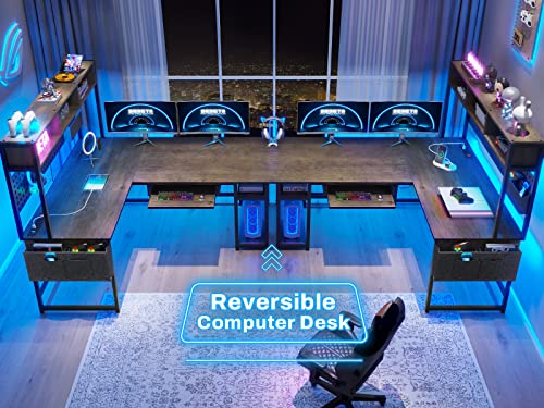 SEDETA L Shaped Desk, 94.5 Inch Office Desk with Power Outlet & Pegboard, L Shaped Desk with Led Light, Keyboard Tray, Storage Shelves and Headphone Hook for Home Office, Walnut Brown - Thumbnail 2
