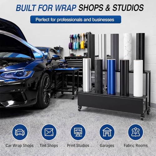 Image of 10 Rolls Large Vinyl Roll Holder Cart Heavy Duty Car Wrap Film Display Rack with Lockable Wheels Vinyl Roll Storage Organizer for Window Tint Wallpaper Textile Fabric Leather PVC Film