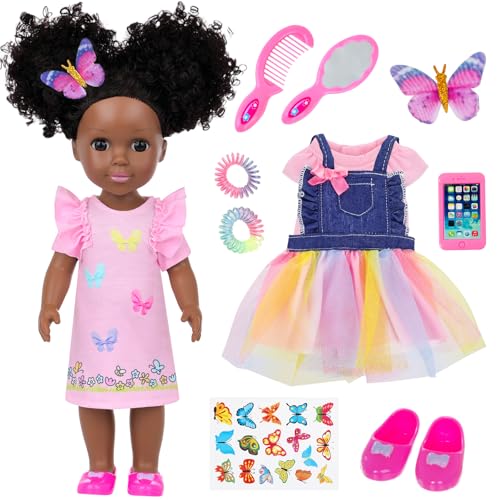 Ecore Fun 14.5 Inch Black Baby Doll with 12 Pcs Butterfly Theme Accessories - Realistic African Doll Black with Hair Clips, Comb, Mirror, Rainbow Dress, Pink T-Shirt, Phone, Stickers, Shoes
