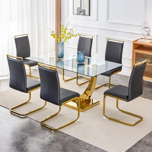 NYEESS 63” Glass Dining Table Set for 6,Gold Dining Room
