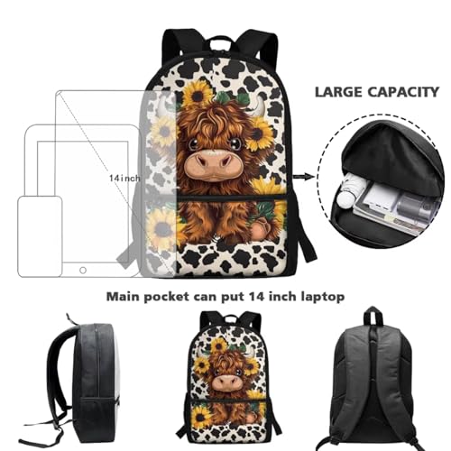 WELLFLYHOM Personalized Highland Cow Kids Book Bags for Girls Ages 6-8 Custom Sunflower School Bookbag and Lunchbox Pencil Case Water Bottle Sleeve 4 Pcs Kids Backpack Set4