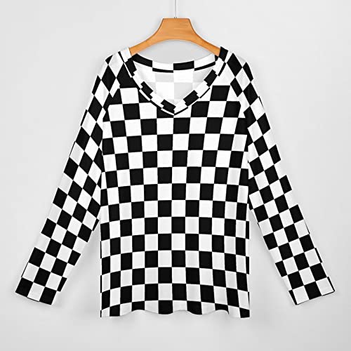 SEPTYK Black White Race Checkered Flag Pattern Women Long Sleeve Tops V-Neck T-Shirt Casual Loose Graphic Pullover Tee4