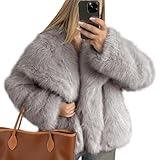 Flygo Women's Faux Fur Coat Fluffy Faux Fur Jacket Long Sleeve Lapel Furry Winter Jackets Shaggy Parka Short Coat(LightKhaki-M)