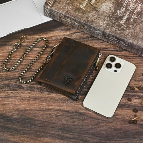 Oil Wax Genuine Leather Travel Gift Coin Pocket Card Case Vertical Chain Rfid Wallet Purse With Snap For Men Male 1802 (Brown)4
