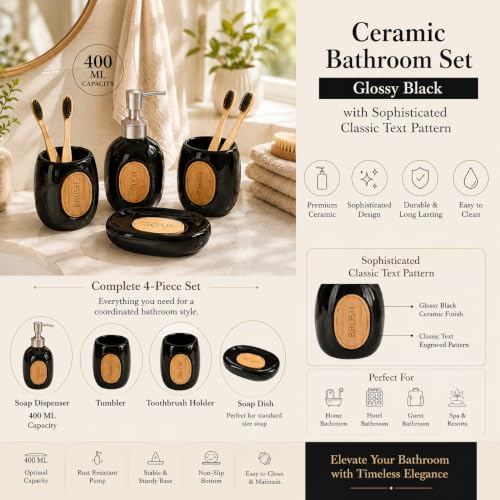 Image of Market99 Ceramic Bathroom Set Glossy Black with Sophisticated Classic Text Pattern, Includes Soap Dispenser, Tumbler, Toothbrush Holder, and Soap Dish for Coordinated Bathroom Style, 400 ML Capacity