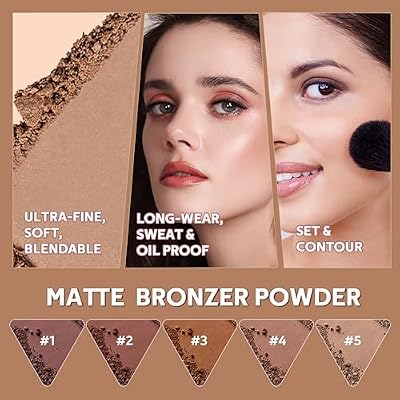 Matte Bronzer Powder 5 Colors Buildable Natural Contour Bronzer Palette Long Lasting Setting Face Bronzered Powder (05 Light)