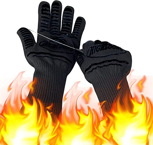 HighLoong 1472°F Extreme BBQ Gloves Grill Oven Safety Gloves, Cut Resistant with Non-Slip Silicone for Grilling, Frying, Baking, Fireplace, Cooking (2 Pieces Set) (Black Strips Long)