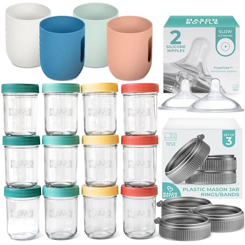 Image of Newborn Essentials Bundle | Complete Baby Glass Bottle & Breastmilk Storage Kit | 8oz Mason Jars + Slow Flow Nipples for 0-3 Months + Plastic Mason Jar Rings + Silicone Sleeves