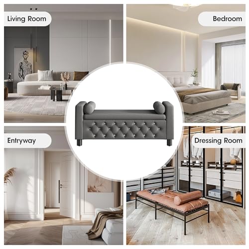 Maupvit 55" Storage Bench Ottoman End of Bed Bench Bedroom Bench, Linen Upholstered Storage Bench Accent Bench with Arms, 2 Pillows for Bedroom,Living Room, Entryway, Dark Grey