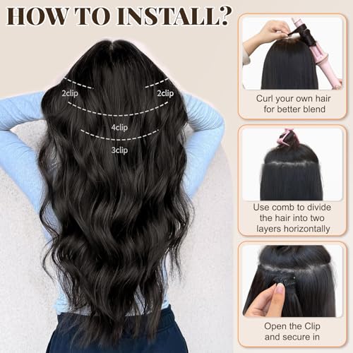 ALXNAN 24 Inch Long Wavy Black Brown Synthetic Hair Extensions 4 Pieces Thick Hair Extensions Double Weft for Women - Image 3