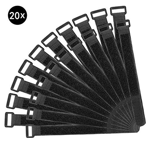 Unique Store 20 pcs Attache Cable,Sangle,Attache Cable,Lot DE 20-Noir-avec Crochet et Boucle Attache-câble en réutilisables Sangles 2,5 cm X 30 cm - Noir