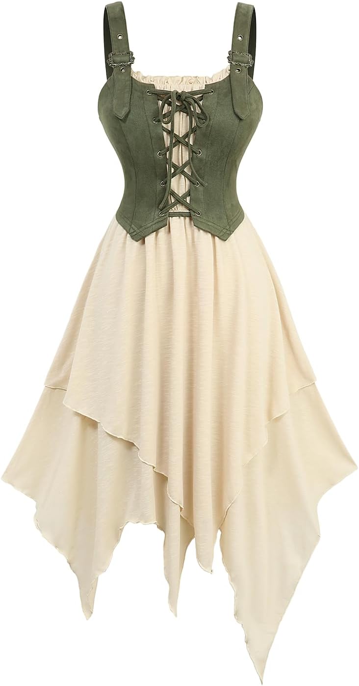 DRESSFO Women's Renaissance Pirate Corset Dress – Lace‑Up Handkerchief Layered Midi Dress with Straps
