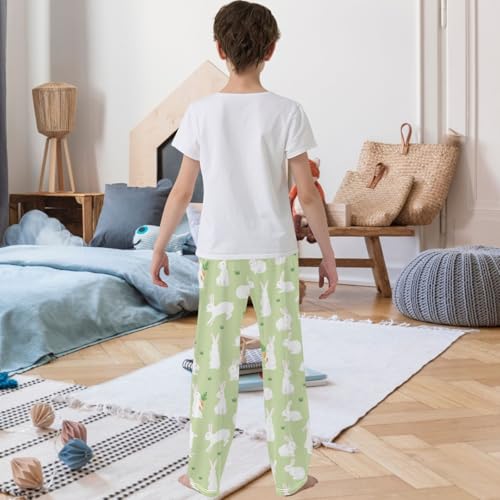Boy's Pj Pants White Rabbit Carrot Green Grass Lounge Bottoms Elastic Waist Kids Joggers with Pockets Size 6-143