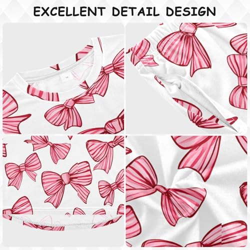Pink Striped Bow Pattern Soft Pajama Set for All Seasons,Breathable Pjs Long Sleeve Sleepwear,Comfy Loungewear 2 Piece Underwear Set 5T3