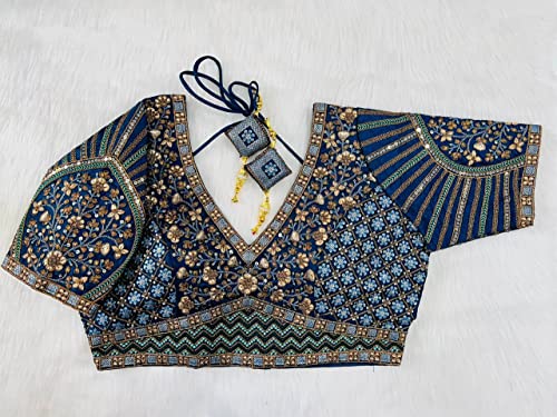 Image of Pujia Mills Mills Women's Fancy Readymade Heavy Coding Embroidary Worked Half Sleeve Multicolor Saree Blouse(Mushroom)