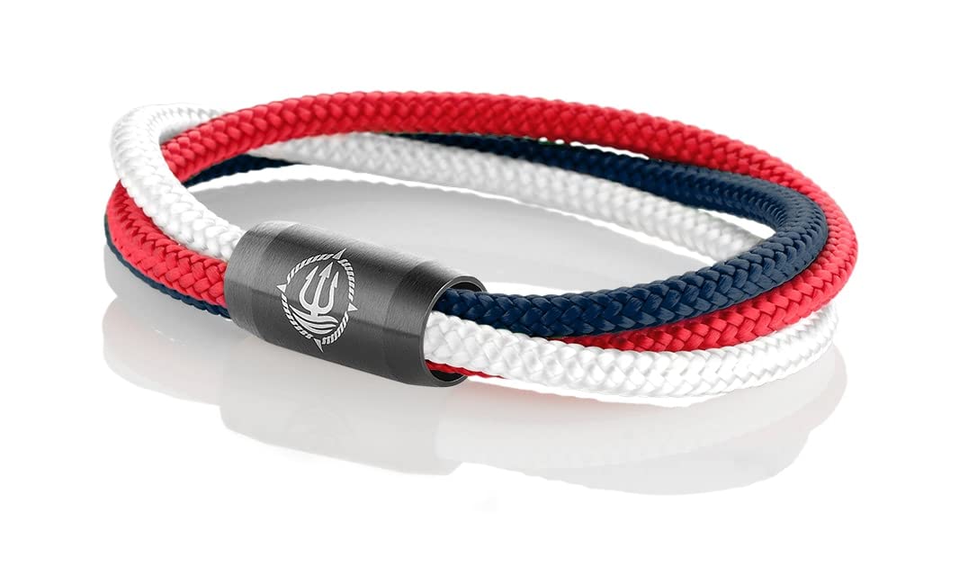 Maritimes Seemannsgarn Segeltau Armband Trinidad rot, weiß, navy blau, dreireihig, 8mm, Fähnrich (schwarz), L - Gelenkumfang von 16,5 cm bis 18 cm