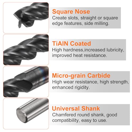 Image of HARFINGTON Carbide Square Nose End Mill Bit 1 /8 inch Cut Dia 4 Flutes TiAlN Coated Milling Cutter for Hardened Steel Metal (1 /8 inch Shank 3 /8 inch Cut Length 1-1 /2 inch Long 45 Degree Helix)