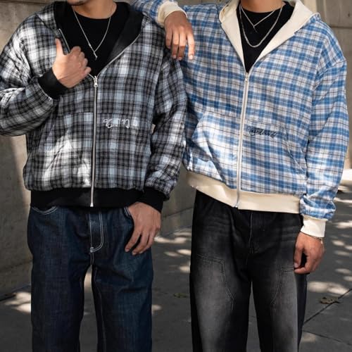 Y2k Grunge Plaid Zip Up Hoodie Men Streetwear Jacket Oversized 2000s Graphic Hoodie Fall Baggy Rapper Sweatshirts (Blue plaid,L)2