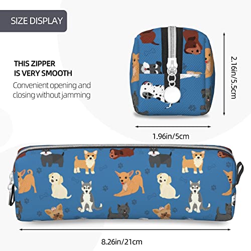 Blue Dog Pencil Case Kawaii Leather Pencil Pouch Zipper Pencil Bag Cute Pen Bag Small Cosmetic Makeup Pouch Bag For Work & Office #TOP4