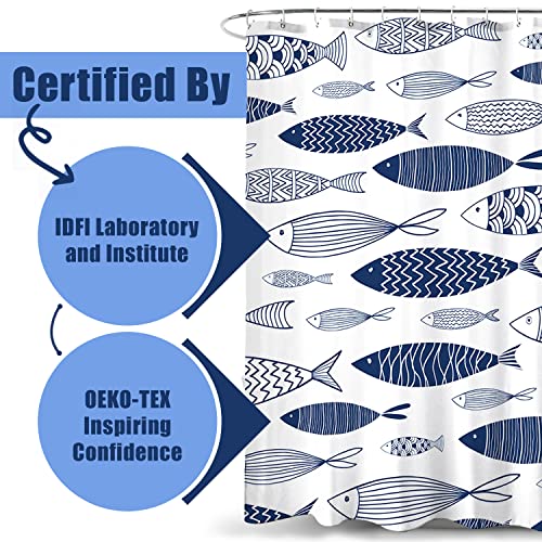 Durable Blue Shower Curtain Set With Hooks, Fabric Polyester Nautical Fish Print Shower Curtains For Bathrooms, H72In X W72In, Waterproof And Machine Washable (White And Blue) #TOP3