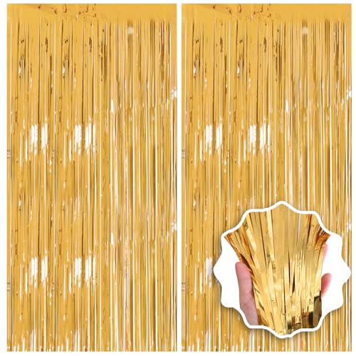 Image of 2 Pack 3.3x8.2 FT Gold Backdrop Birthday Decorations Foil Tinsel Curtain Gold Dooor Streamers Party Hanging Decorations Photo Booth Props for Birthday Graduation Bachelorette Christmas New Years Eve